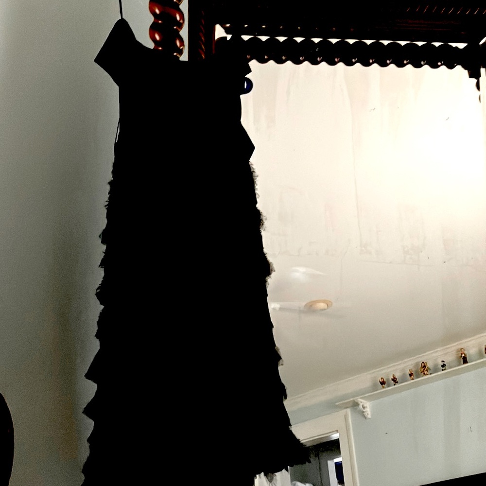 Black silk eyelash and polyester strapless dress with stays on the sides.